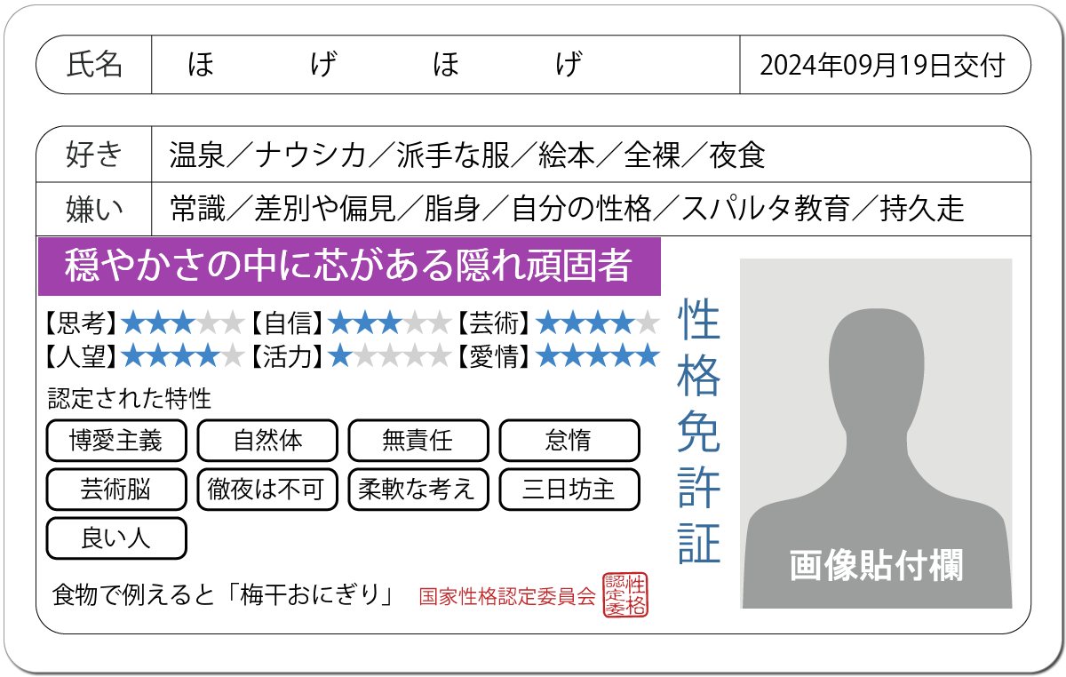 性格診断 性格免許証 性格にお墨付きを 無料のハニホー 診断結果