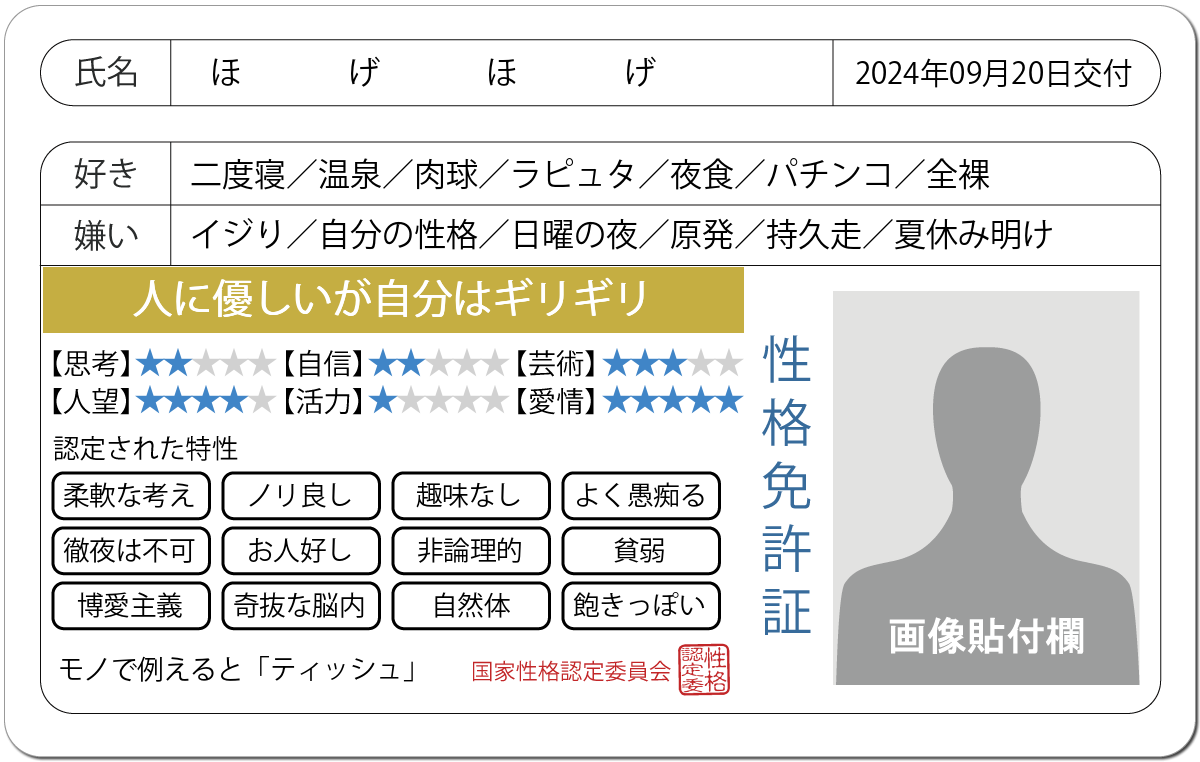 性格診断 性格免許証 性格にお墨付きを 無料のハニホー 診断結果