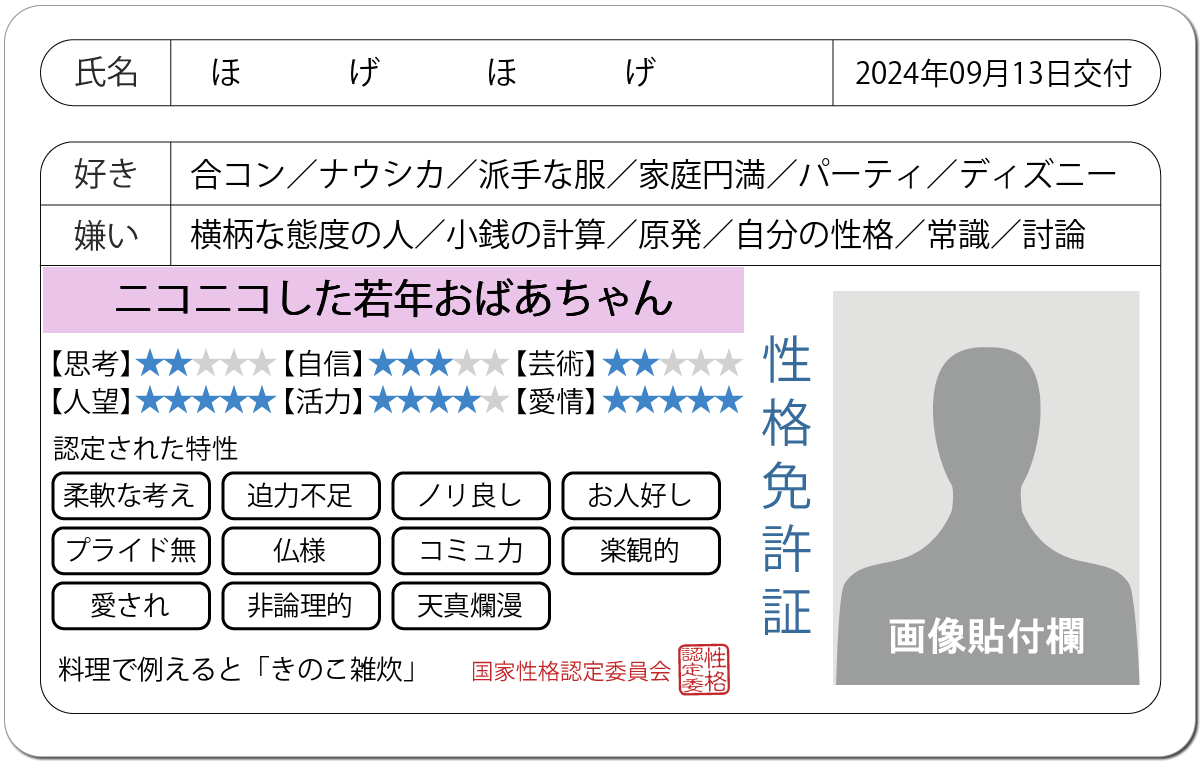 性格診断 性格免許証 性格にお墨付きを 無料のハニホー 診断結果