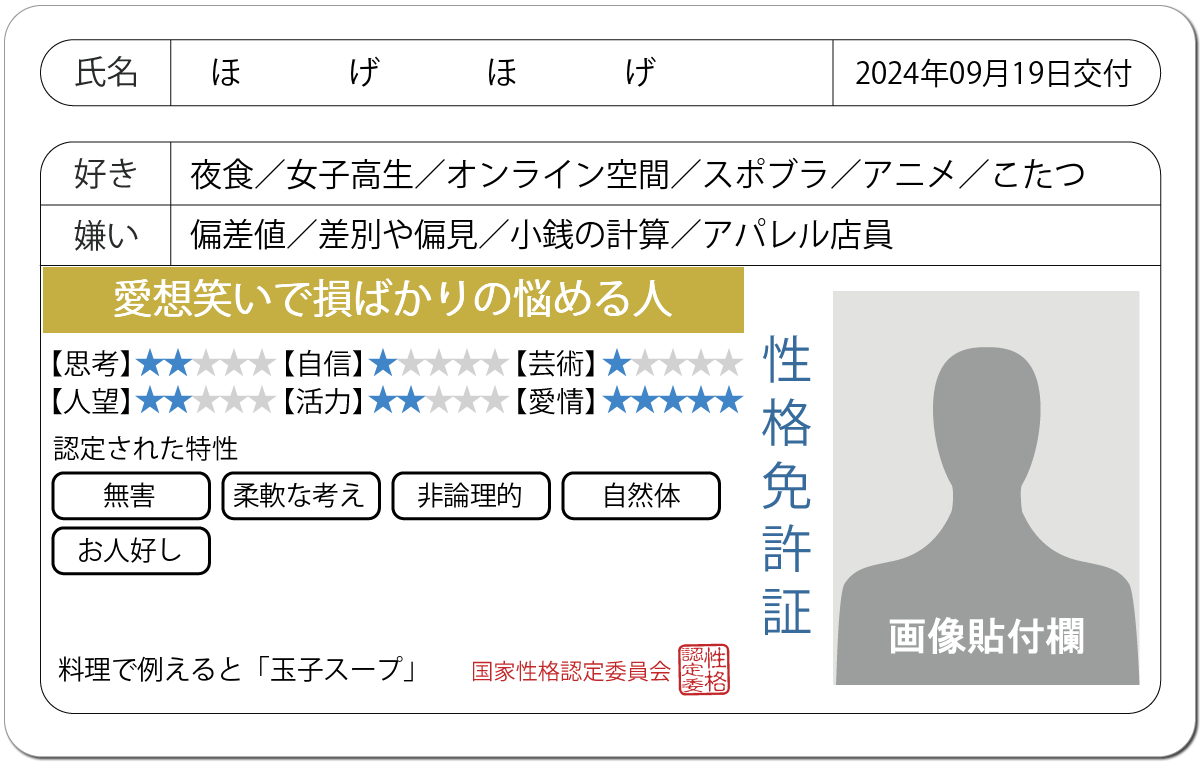 性格診断 性格免許証 性格にお墨付きを 無料のハニホー 診断結果