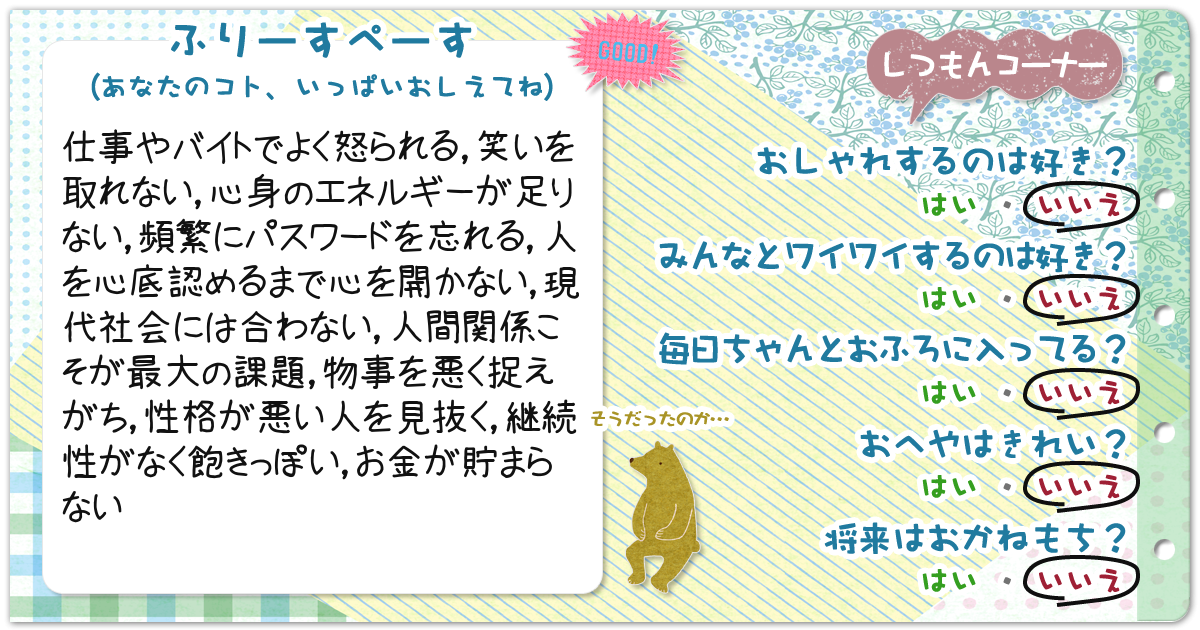 性格診断 勝手にプロフィール帳 性格編 無料のハニホー 診断結果